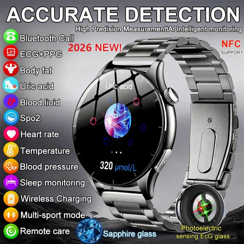 Black smartwatch with steel bracelet, round sapphire-style display and side crown buttons