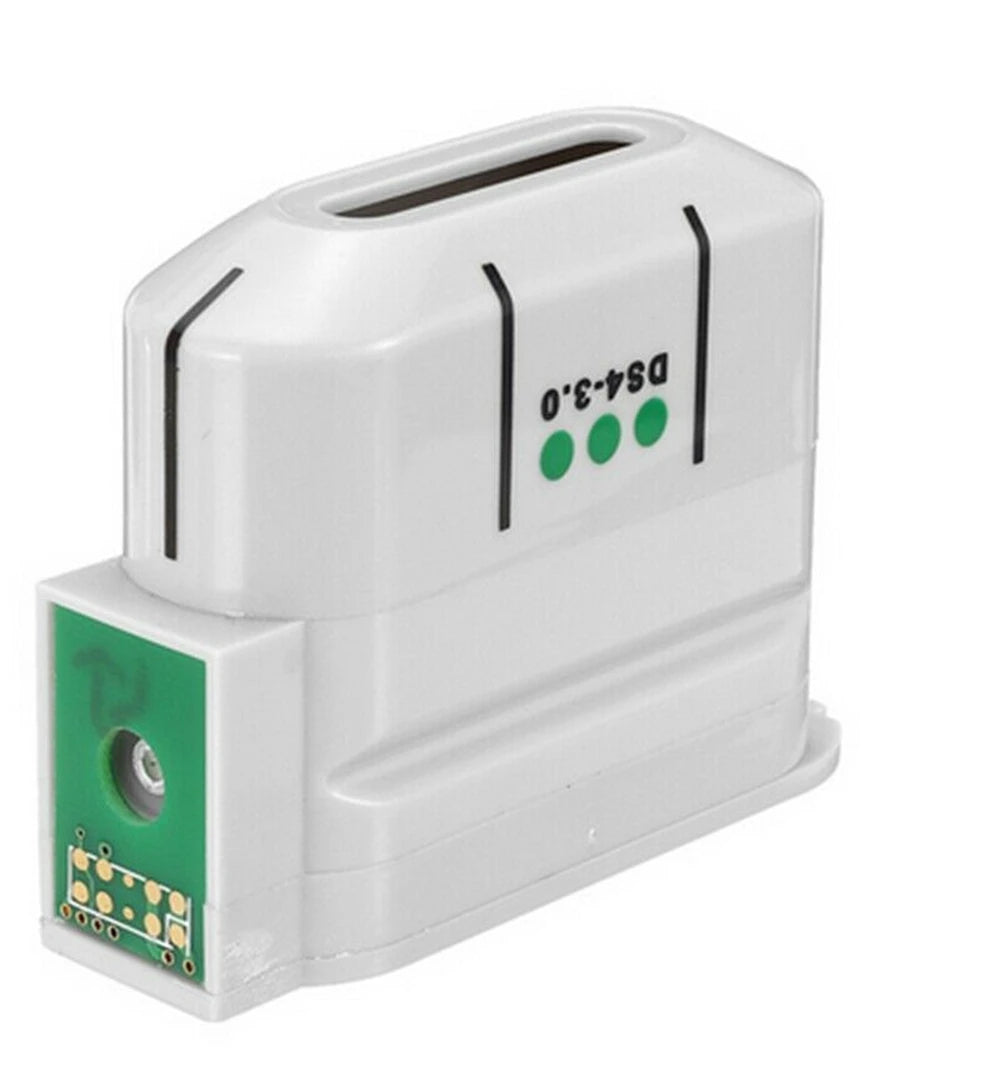White plastic HIFU ultrasound transducer cartridge labeled "DS4-3.0" with a green electronic contact plate.