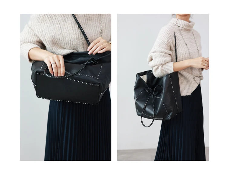 Women Large Capacity Genuine Leather Tote Soft Shoulder Bag