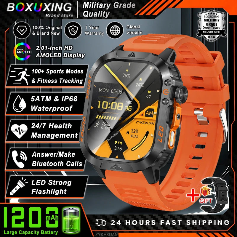 New Military Grade 1200mAh Battery Smartwatch Men 5ATM Waterproof Sports Tracker Flashlight Heart Rate AMOLED Screen Smart Watch