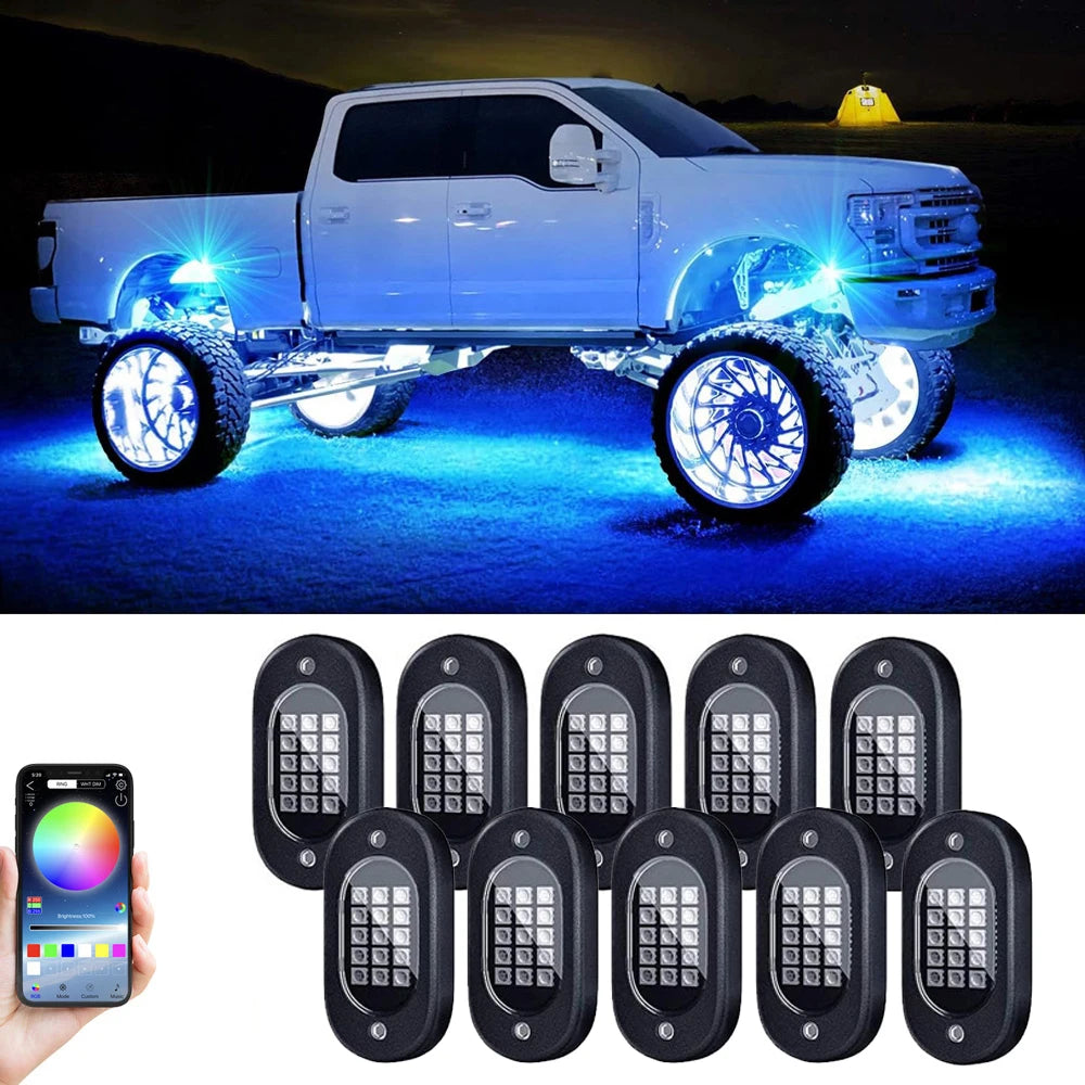 LED Rock Lights for Trucks | 4-12 Pod RGB App-Controlled Underglow Kit 10 pods Tidesmit