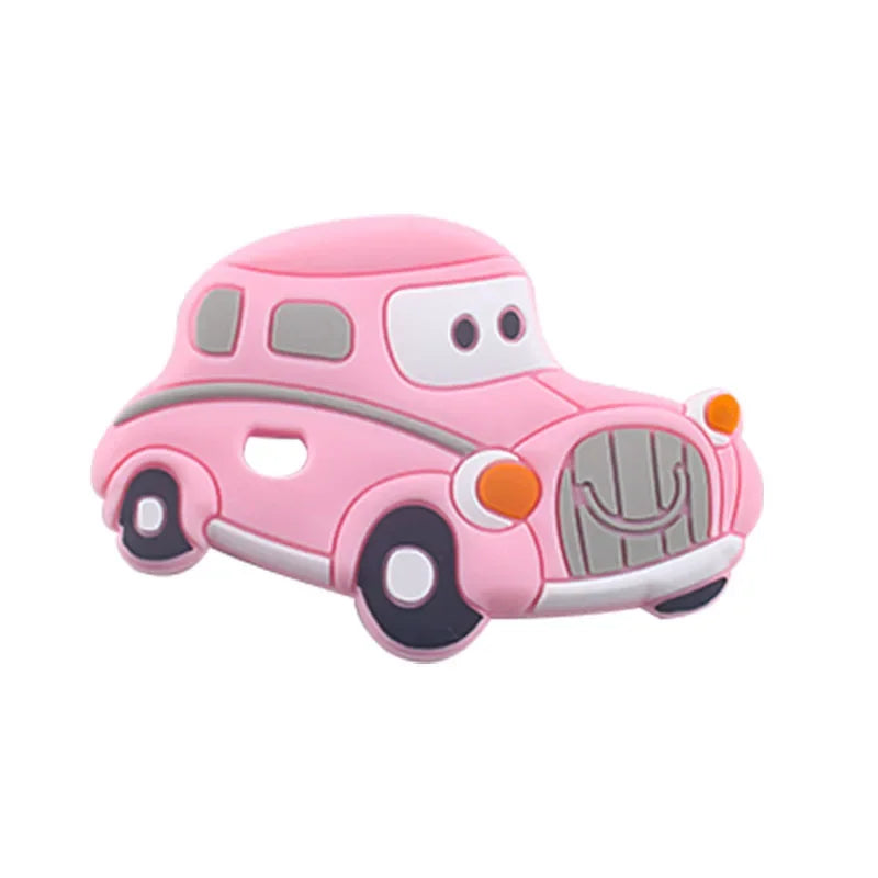 Pink car silicone baby teething toy for soothing sore gums.
