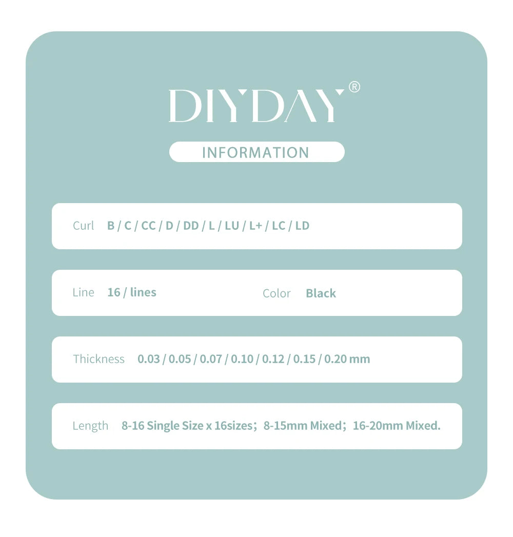DIYDAY lash extension information chart: 16 lines, black color, various curls, thicknesses, and lengths available.