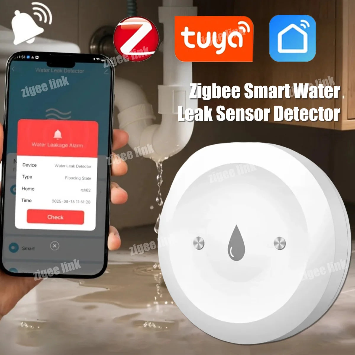 Smart Water Leak Sensor ZigBee 3.0 Flood Alarm for Home Automation Tidesmit