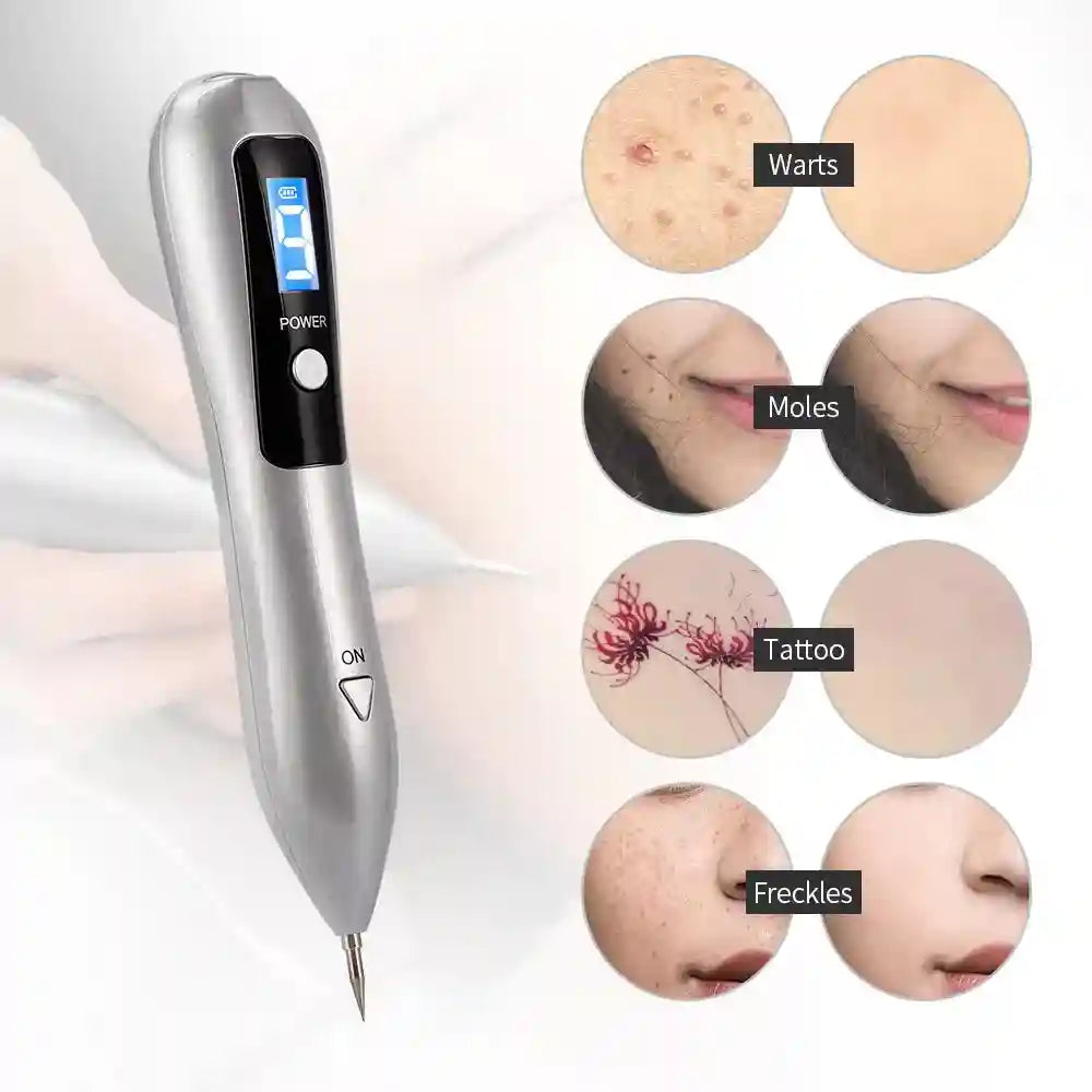 Portable silver skin spot removal pen with LED display for treating tattoos, warts, moles, and freckles at home.