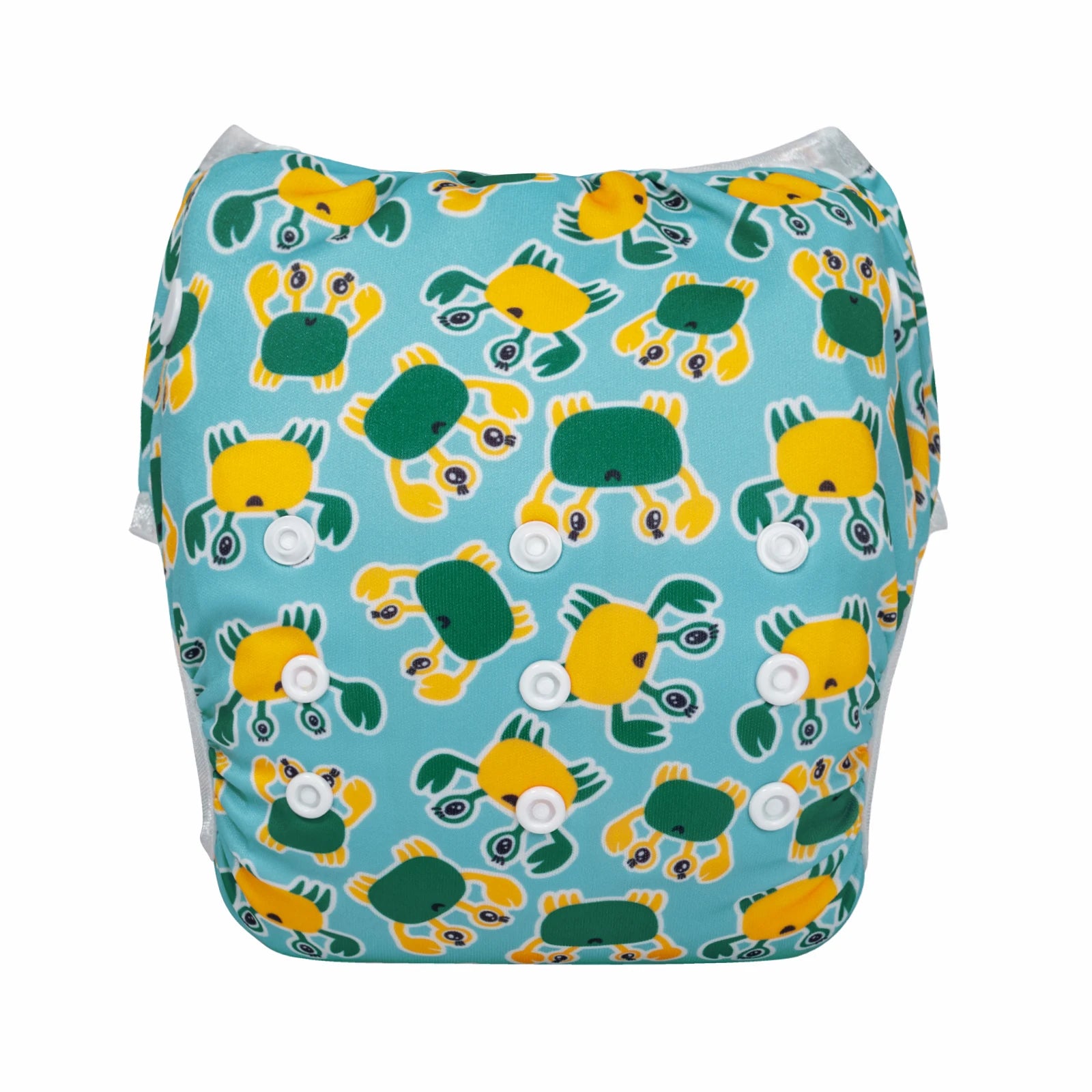 Reusable baby cloth diaper with teal background and yellow crab print, adjustable snap closure.