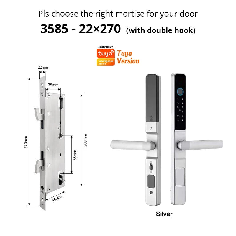 Tuya Wifi App Waterproof Smart Aluminum Door Lock Euro Double Hook Mortise Fingerprint Password Electronic Sliding Door Lock