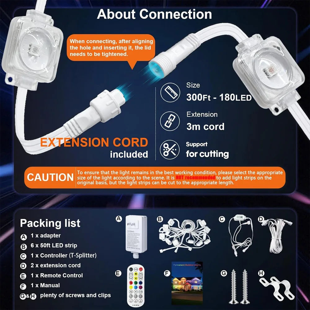 LED Permanent Outdoor Lights IP67 Waterproof RGBIC Eave Lights With Remote for Christmas New Year Roof DIY Holiday String Light