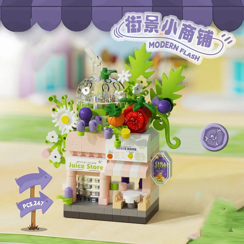Miniature juice store building blocks set with floral details, 247 pieces for creative kids' construction play.