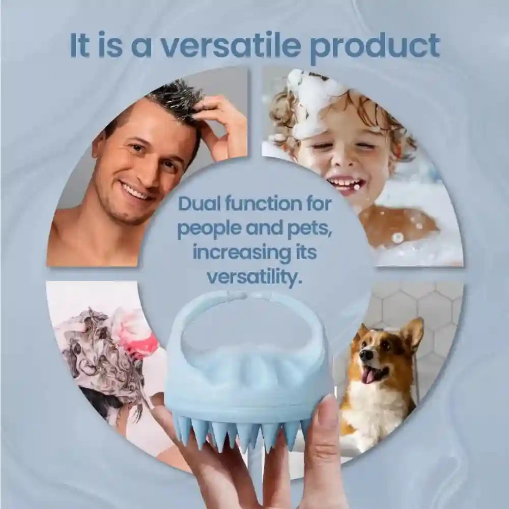 Light blue silicone scalp massager brush with an ergonomic handle, shown being used on people and pets.