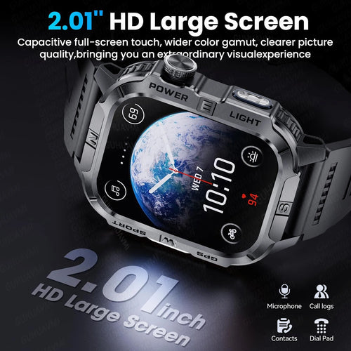Outdoor military GPS smartwatch with dark rugged case, large square face display and side buttons.