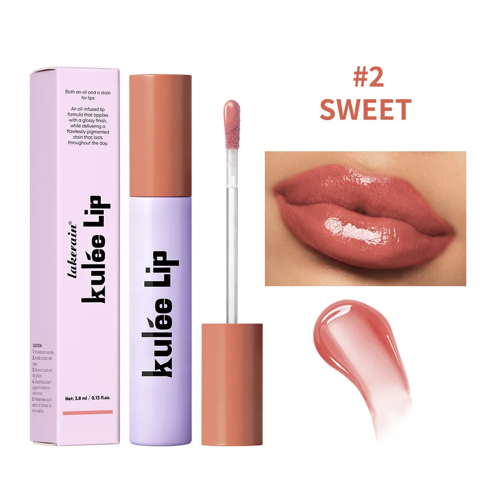 Kulfée #2 Sweet staining lip oil with glossy, non-sticky formula, hydrating tint, and applicator for long-lasting color.