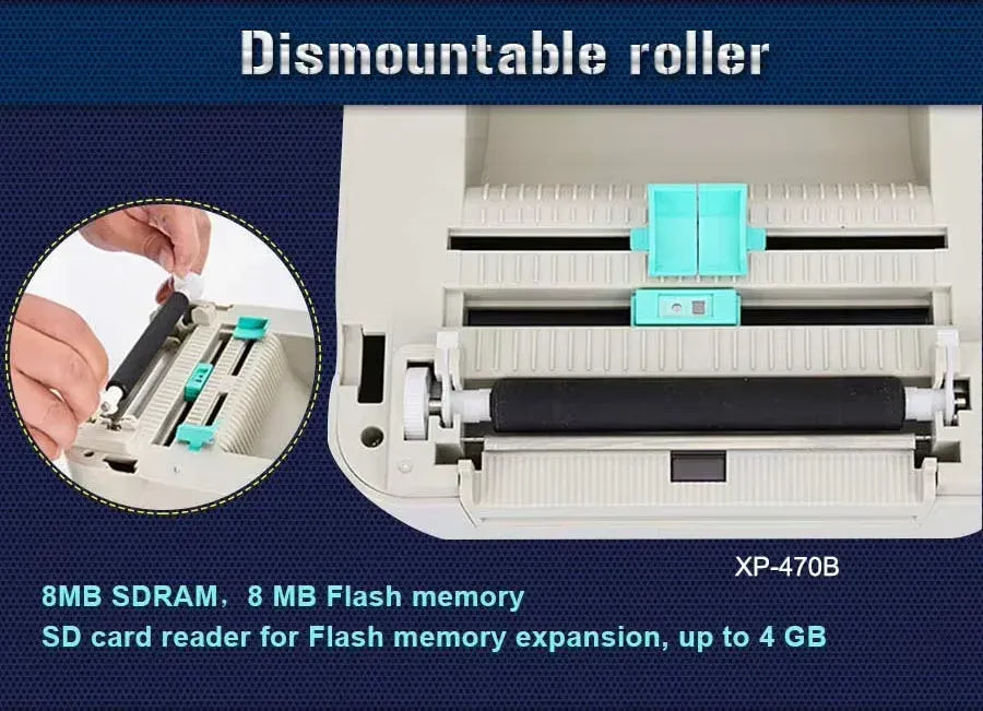 Thermal label printer with open casing showing roller mechanism and installed cartridge