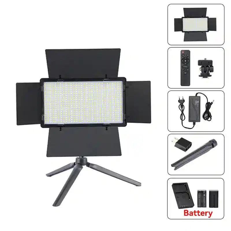 LED video light panel with black barn doors on a tripod, including remote control, power adapter, and batteries.