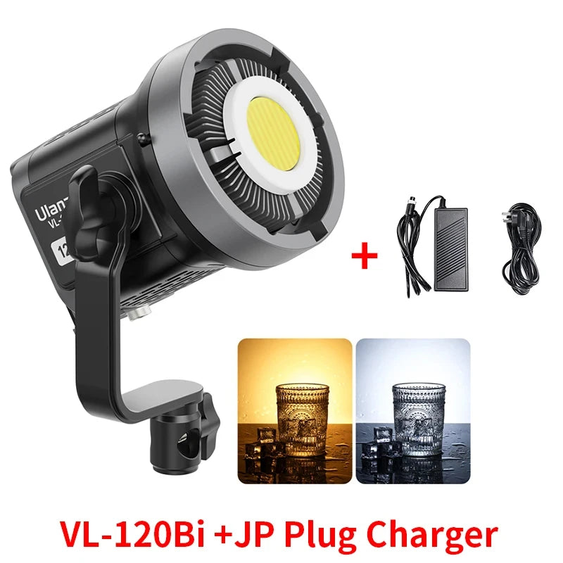 VL-120Bi LED video light with metal mounting bracket, power adapter, and adjustable warm-to-cool light output.
