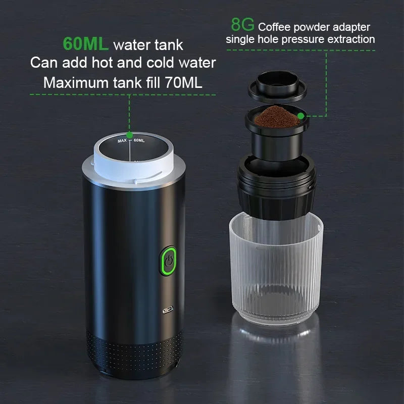 Tidesmit 3-in-1 portable espresso maker for car and camping showing side profile with coffee capsule and powder