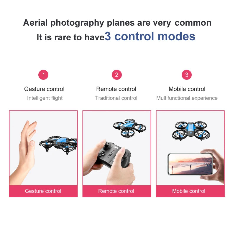 Small black and blue quadcopter drone with three control methods: gesture, remote, and mobile app.