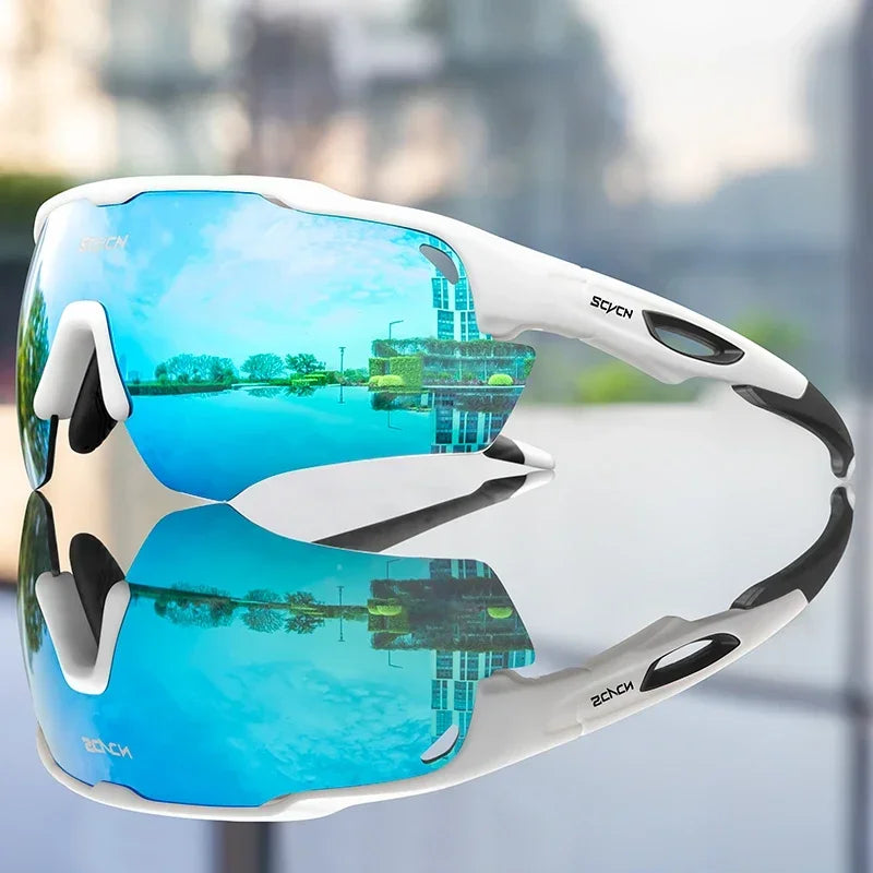 Cycling sunglasses with white frame and blue mirrored polarized lenses