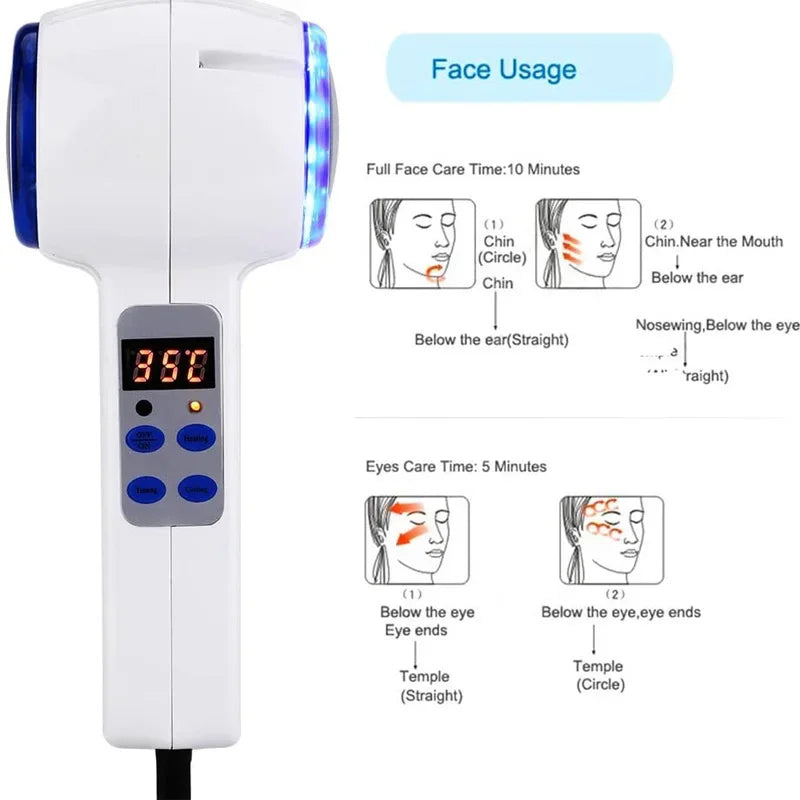 White handheld hot and cold hammer facial massager with blue LED light, digital display, and usage instruction guide.