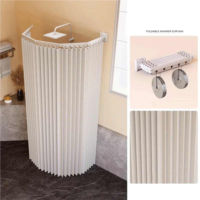 White pleated shower curtain with metal eyelets on white folding rod