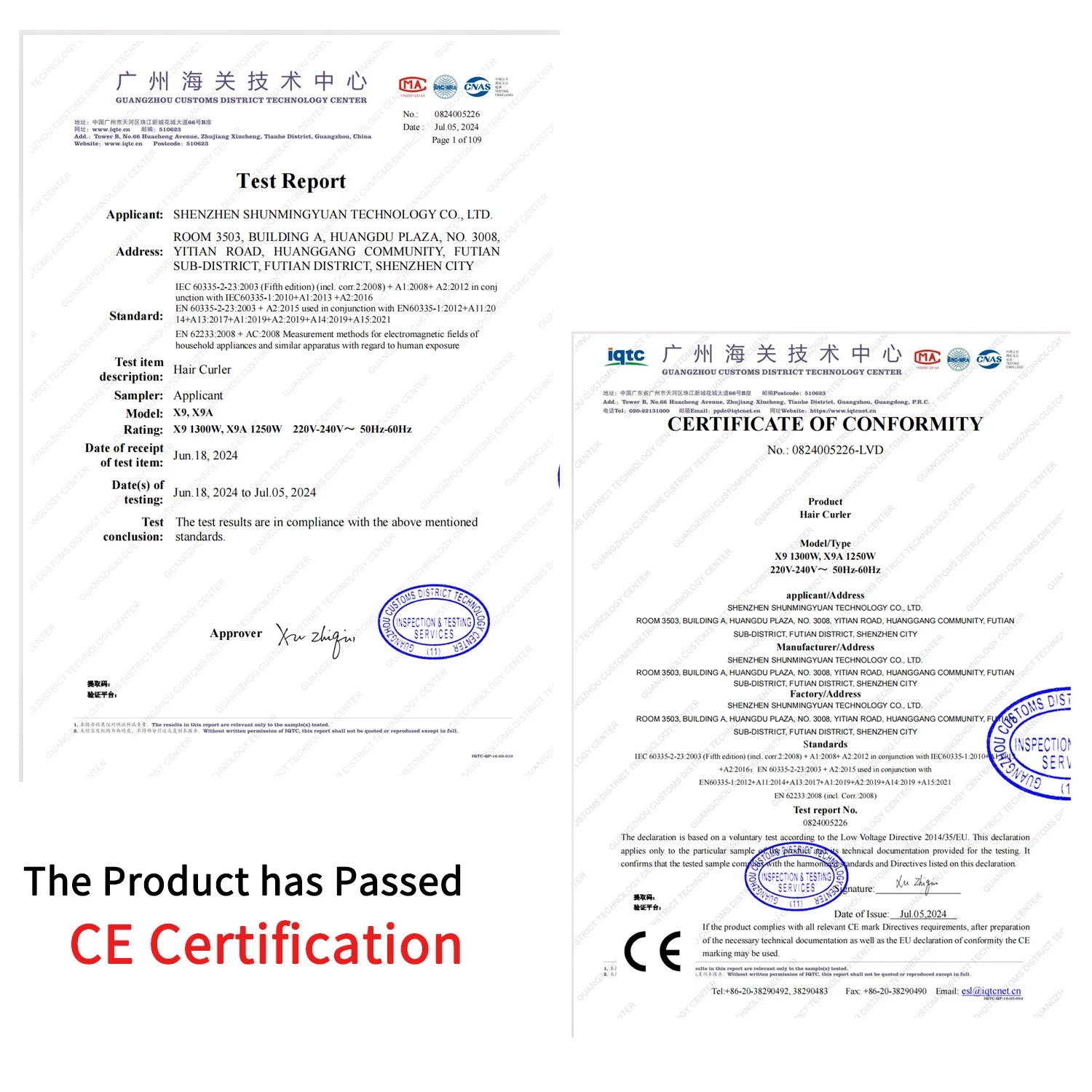 Sencimen X19 professional hair styler certificate: CE-certified auto curling and straightening hair dryer tool.