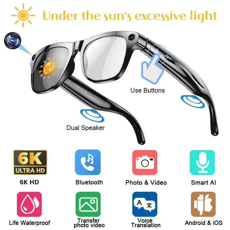 Black smart glasses with built-in camera, speakers, and side buttons for photo, video, and translation functions.