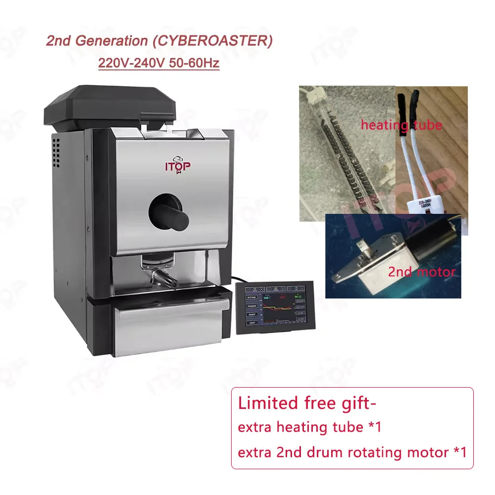ITOP Cyberoaster 2nd Gen coffee bean roaster with stainless steel finish, digital display, heating tube, and motor.