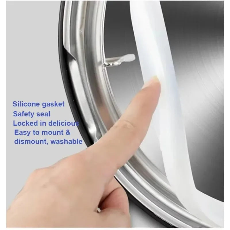 Stainless lid rim with silicone gasket, finger pointing to the sealing edge