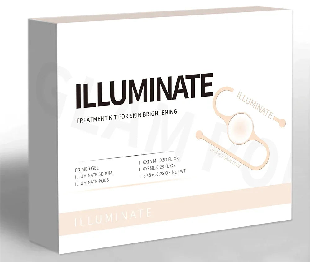 Illuminate skin brightening treatment kit with primer gel, serum, and CO2 oxygen bubble pods for facial rejuvenation.