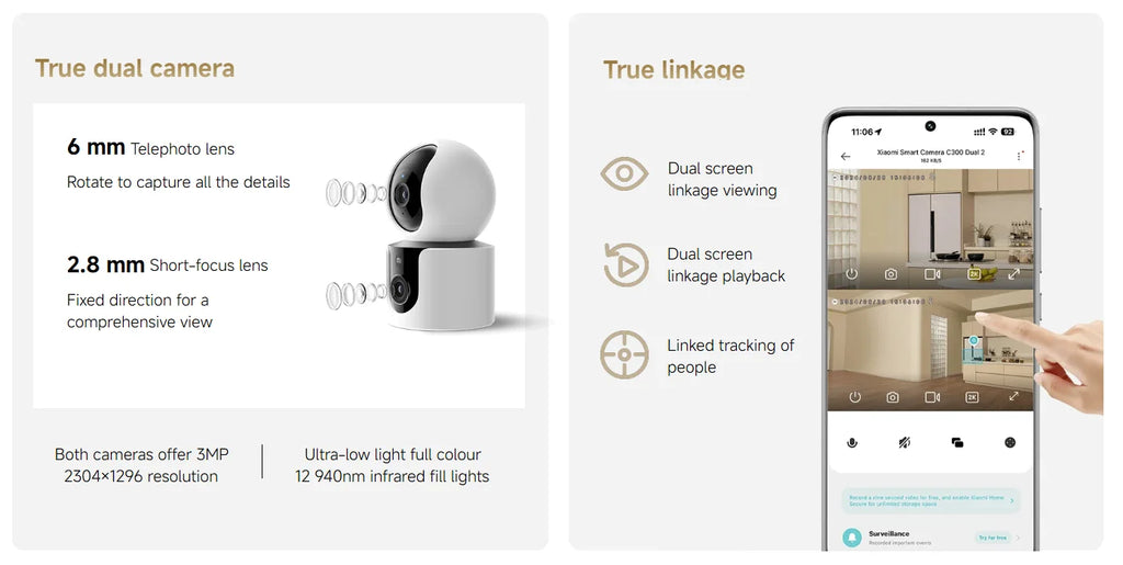 Xiaomi Smart Camera C300 Dual Lens PTZ 360° AI Detection 3 Million Pixels Full Color Night Vision WiFi 6 Home Security Mi Home C
