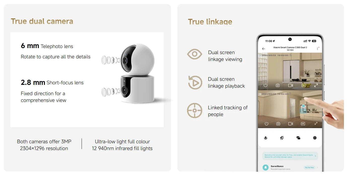 Xiaomi Smart Camera C300 Dual Lens PTZ 360° AI Detection 3 Million Pixels Full Color Night Vision WiFi 6 Home Security Mi Home C
