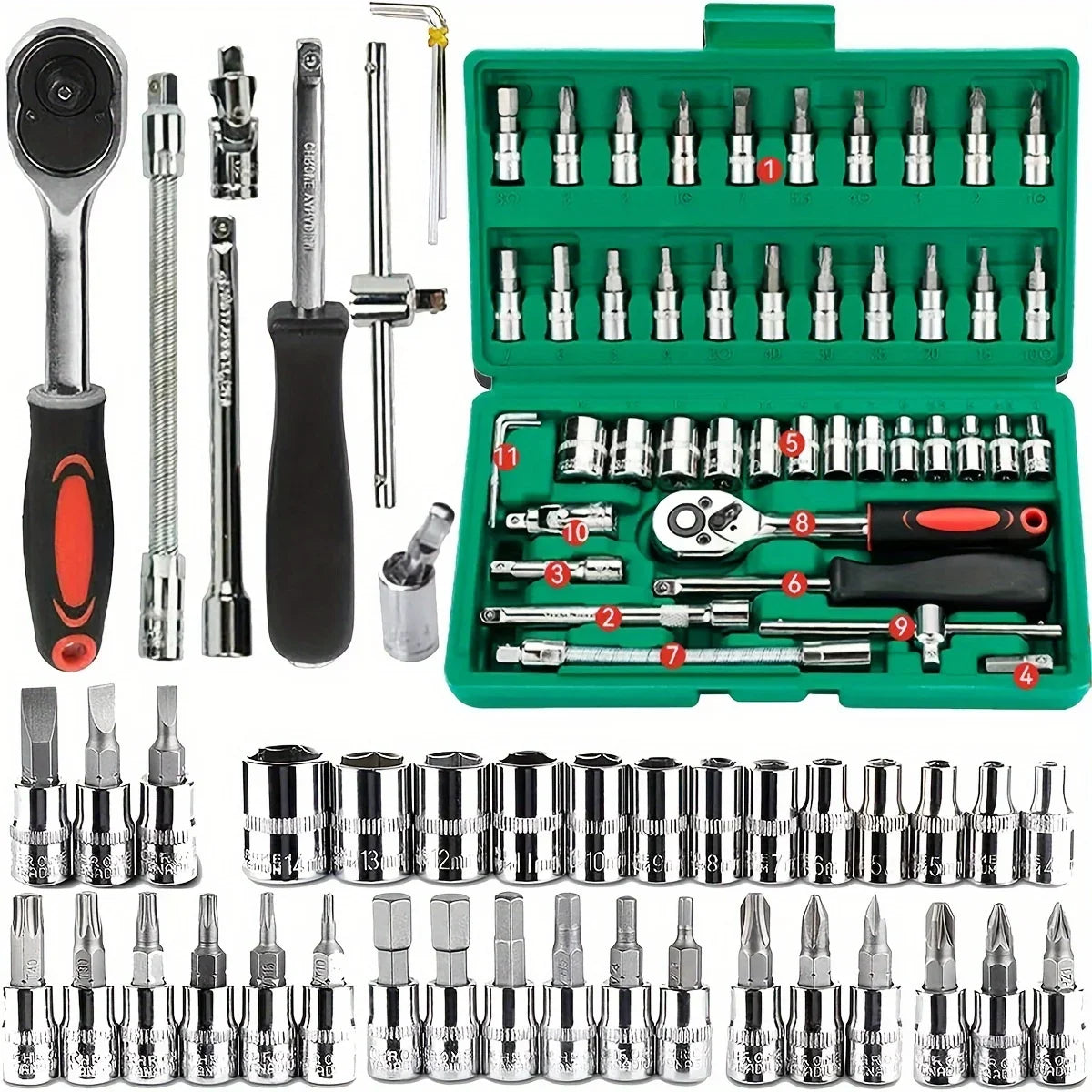 For Hous Auto Repair 46pc Drive Socket Set 1/4 inch Ratchet Wrench Set with Sockets Metric Hex Bit Socket Set Mechanic Tool Kits