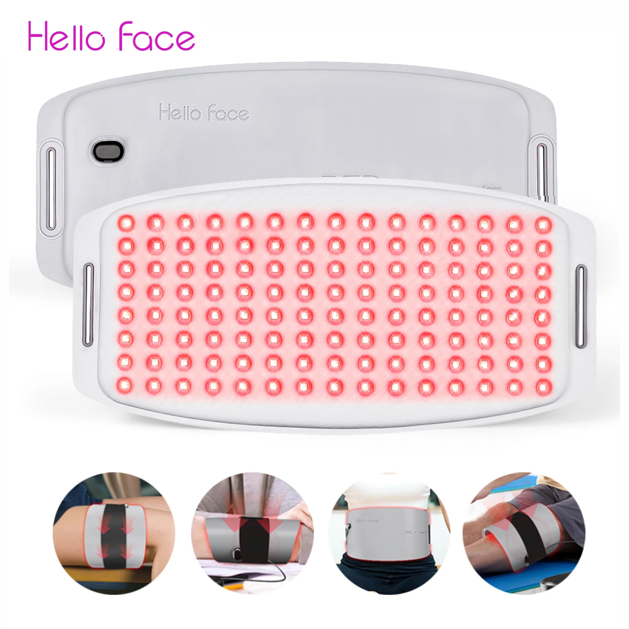 Hello Face L6 LED red light therapy panel in white with grid of red lights and circular application examples below.