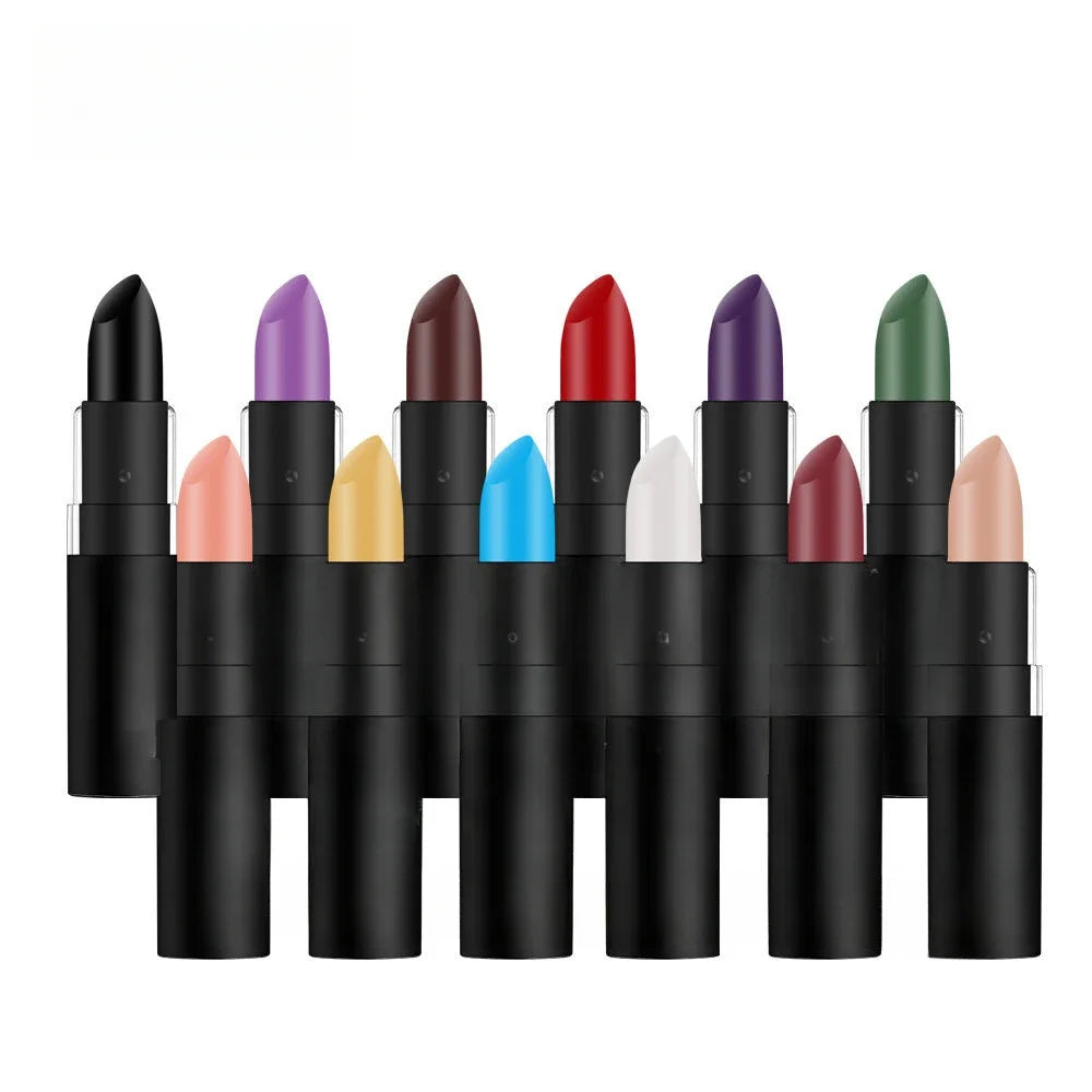 Set of waterproof matte lipsticks in various colors, including wine red, black, white, and blue, in black tubes.