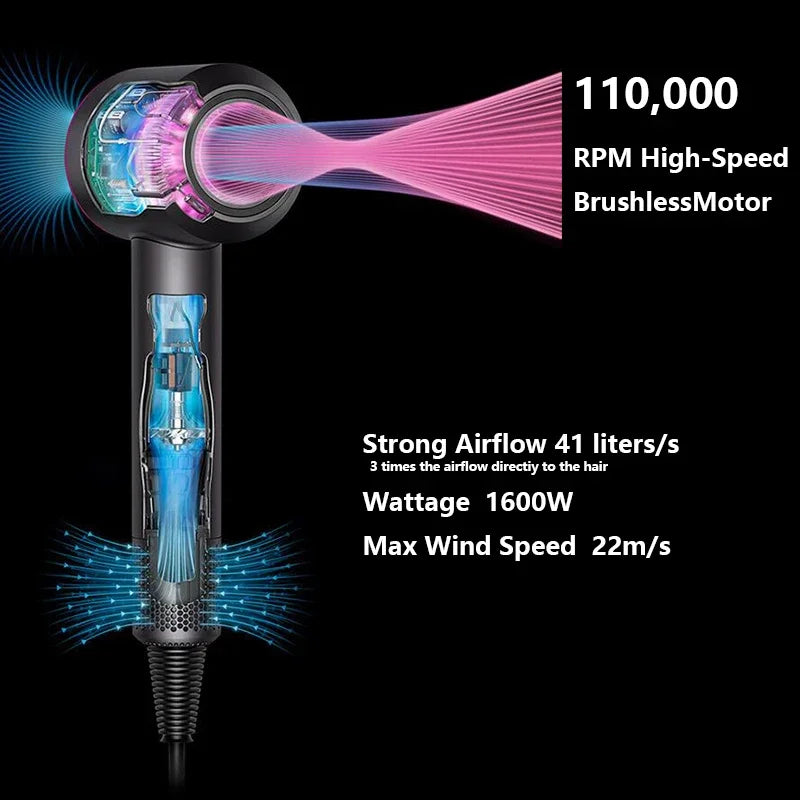 Black ionic hair dryer with 110,000 RPM high-speed brushless motor and 1600W power for professional salon blowouts.