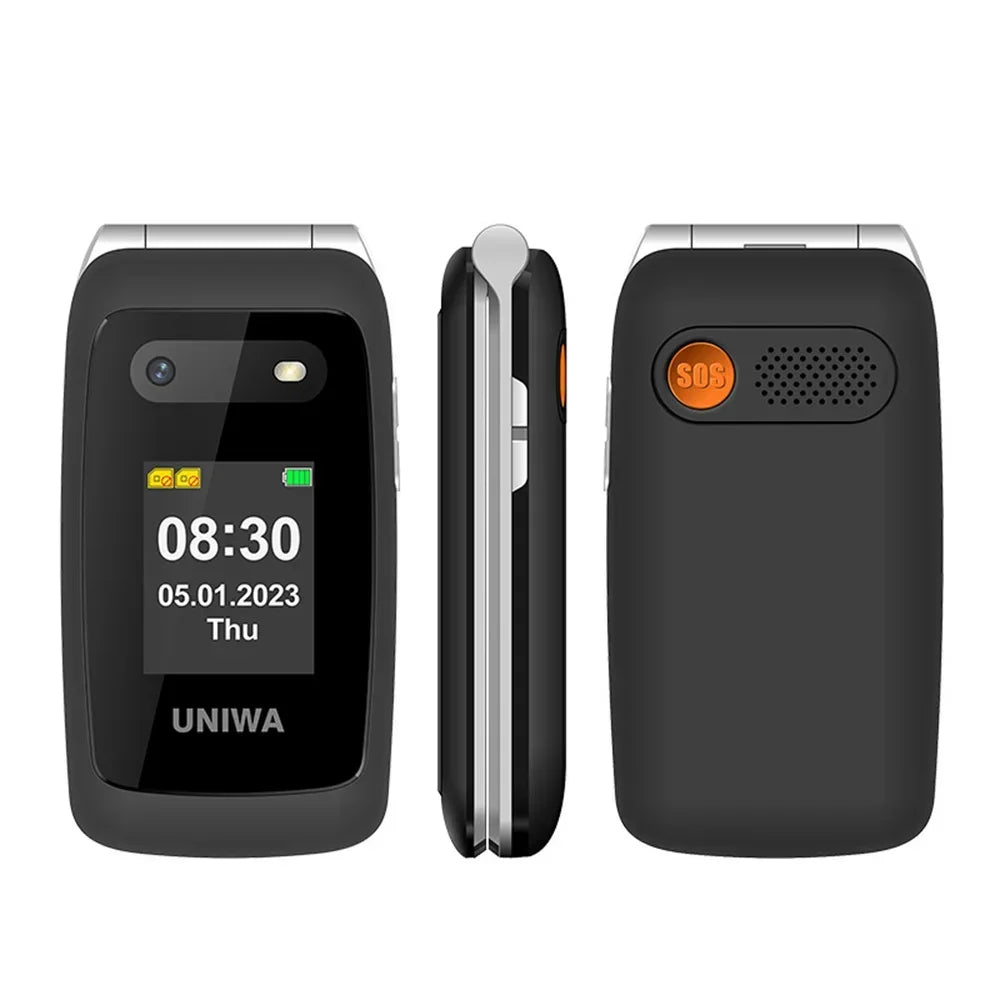 UNIWA V202T 4G flip phone for seniors, black, showing front screen, side profile, and back SOS emergency button.