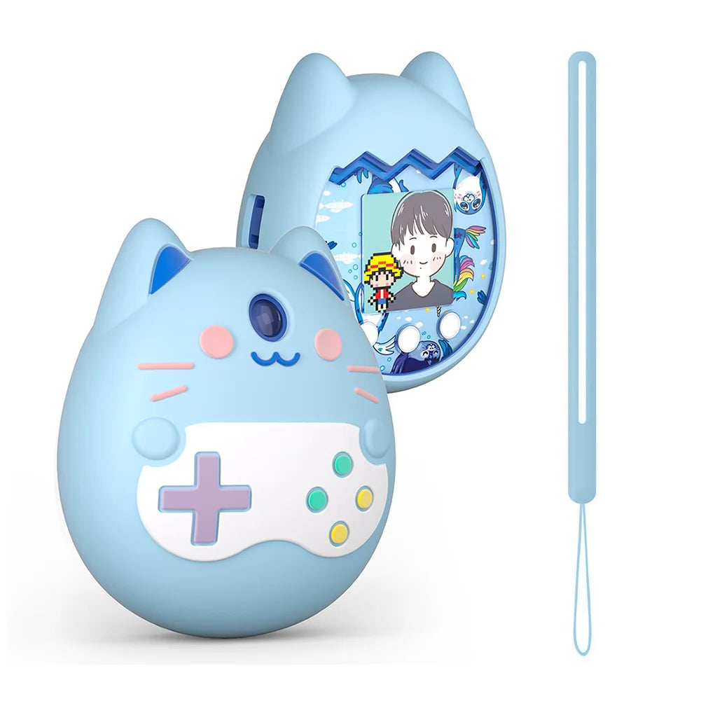 Soft blue silicone shockproof case for Tamagotchi Pix with cat ears design and handy wrist strap for drop protection.