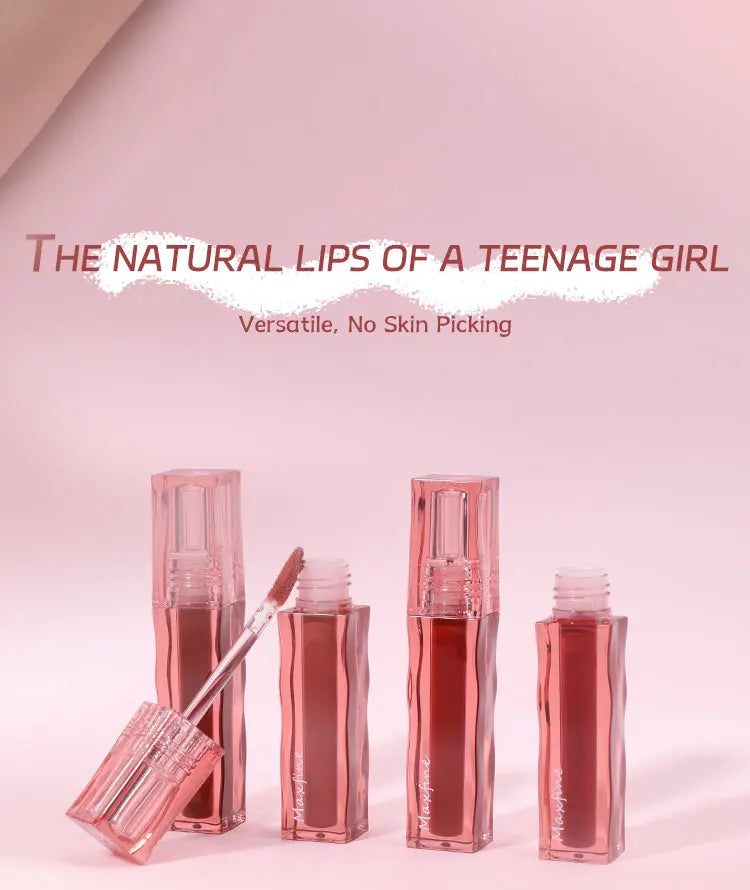 Four tubes of moisturizing, highly pigmented, waterproof liquid lipstick with a gloss wand on a pink background.