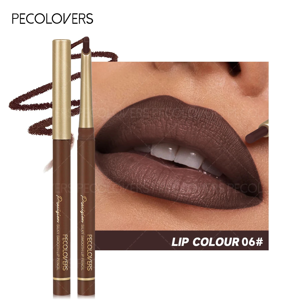 Pecolovers waterproof matte lip liner pencil in deep brown, featuring a long-lasting, silky smooth finish on lips.