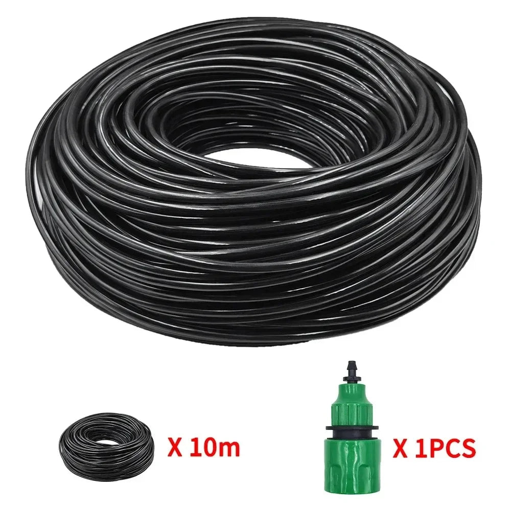 Black drip irrigation PVC hose coil with green connector, 10 m