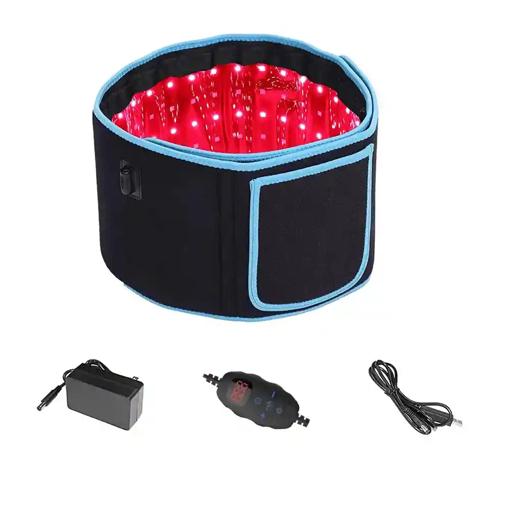Black and blue red light therapy wrap with interior LEDs for muscle recovery, plus power adapter and controller.