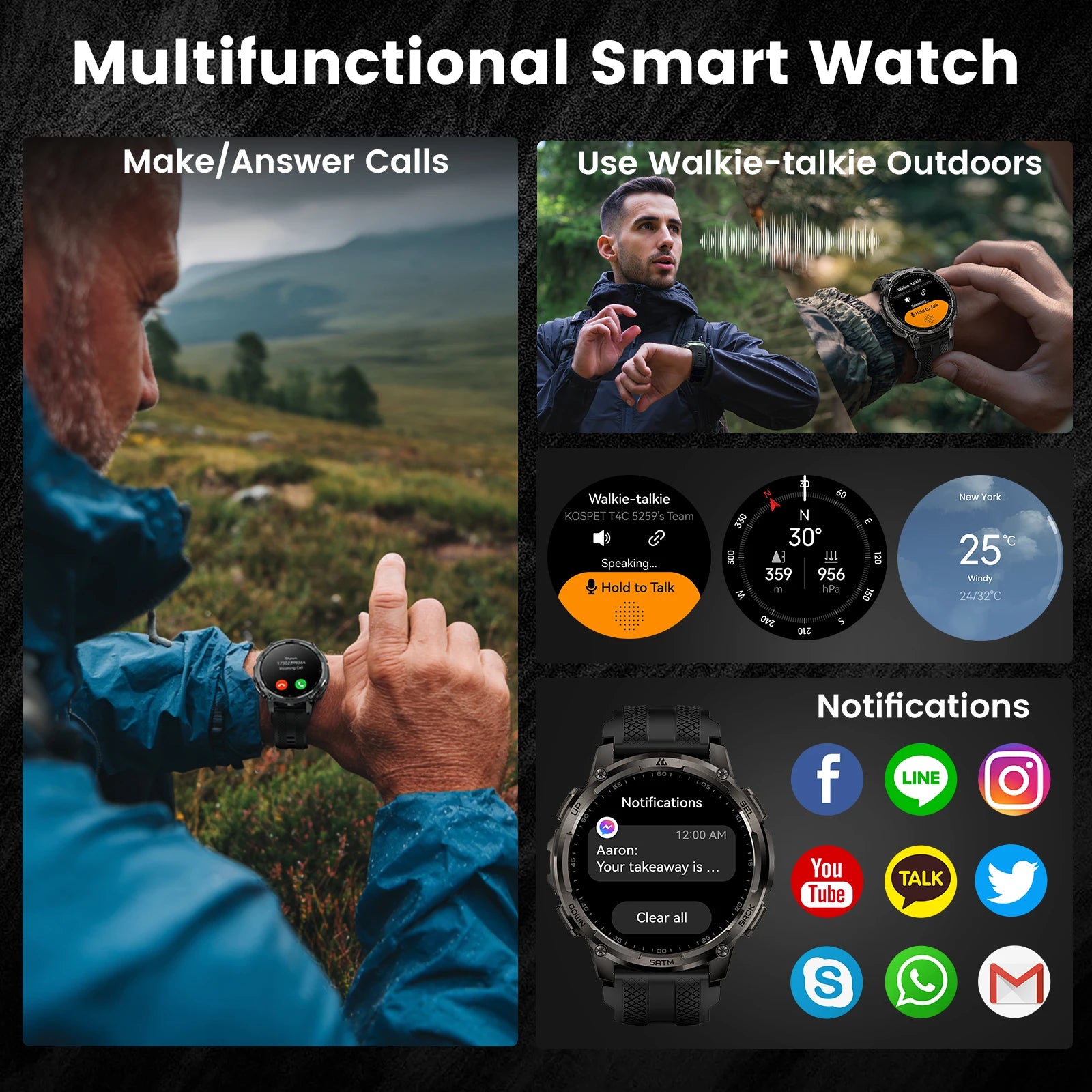 KOSPET TANK T4C Men's Military Smartwatch Rugged GPS Watch with Flashlight 5ATM Waterproof & All-Day Health Tracking