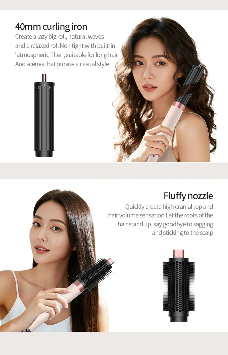 SenCiciMen 6-in-1 hair styler with pink and black finish, showing curling iron and volumizing brush attachments.