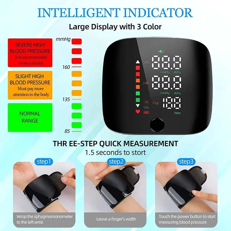 Smart LCD Rechargeable English Voice Wrist Blood Pressure Monitor Digital Automatic BP Tonometer Heart Rate Sphygmomanometer