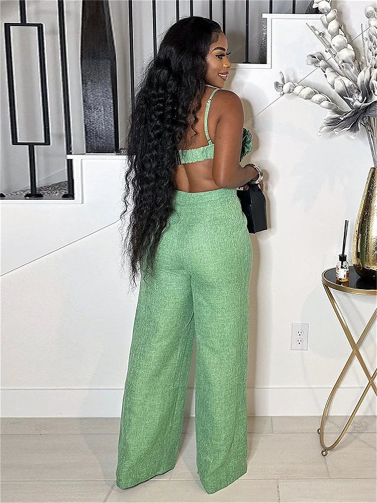 Weird Puss Vacation Beach Style 2 Piece Set Women Ruched Flower Bra Tops+Button Waist Straight Pants Fashion Sexy Trend Outfits