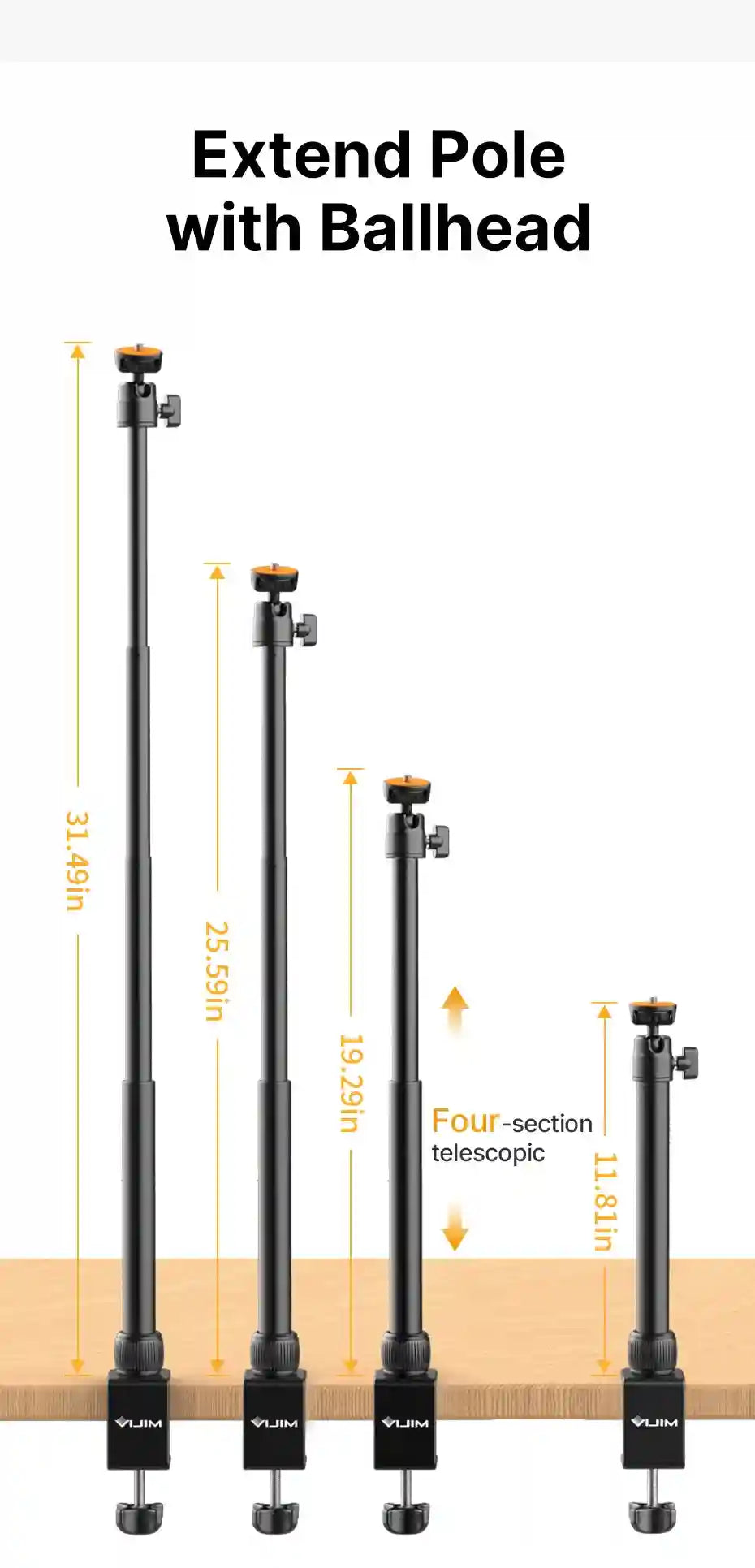 Four-section black metal telescopic pole with ballhead, adjustable from 11.81 to 31.49 inches, mounted on a desk clamp.