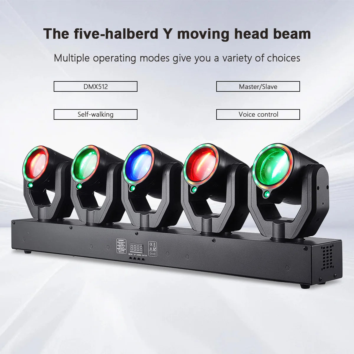 Five-head moving beam lights with colored lens rings and black control panel on base