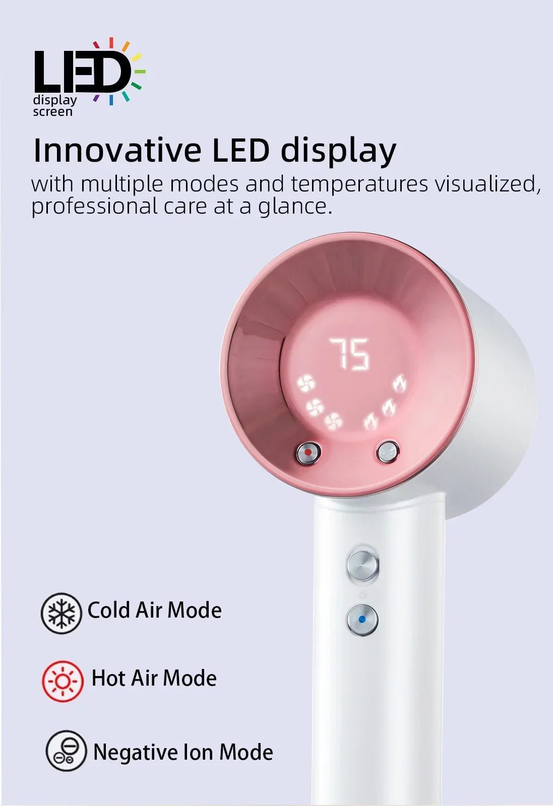 Pink and white high-speed negative ion hair dryer with LED temp display for professional hair care.