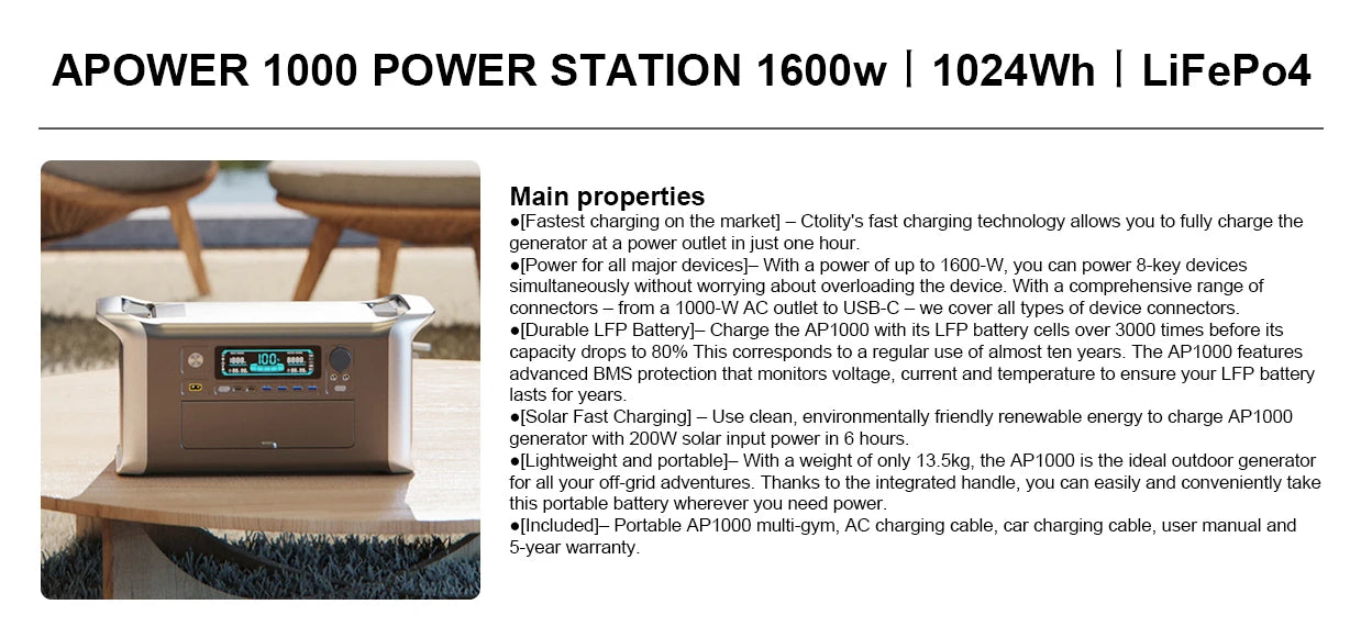 CTOLITY Camping Portable Power Station 1024Wh Lifepo4 Pure Sinve Wave Solar Generator Outdoor 220V 110V AC Outlets Garden Party