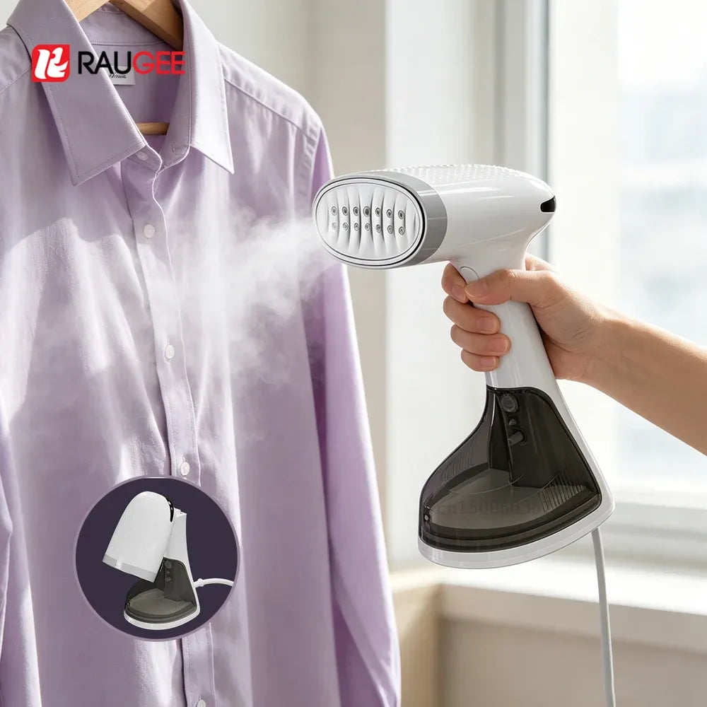 Handheld garment steamer releases hot steam to remove wrinkles from a hanging purple shirt easily.